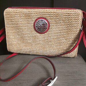 red and beige clutch purse